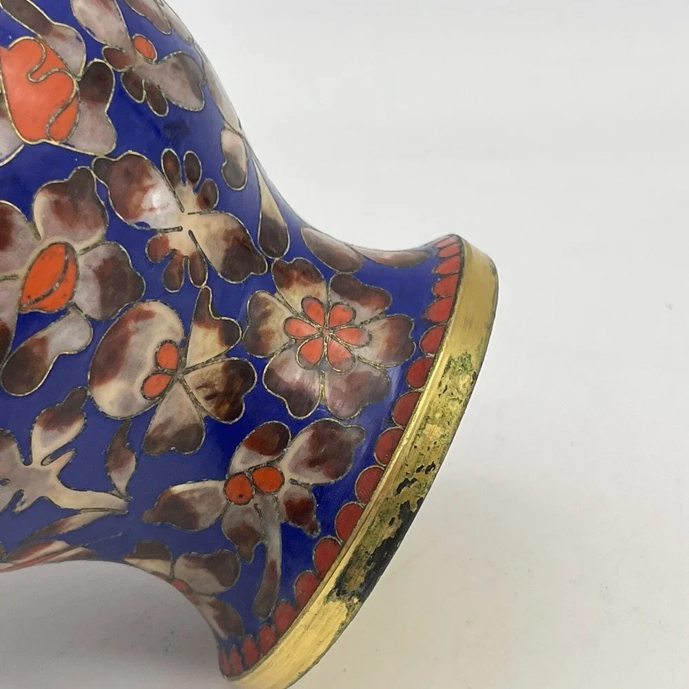 Cloisonné Vase Enameled Blue Orange Floral 8